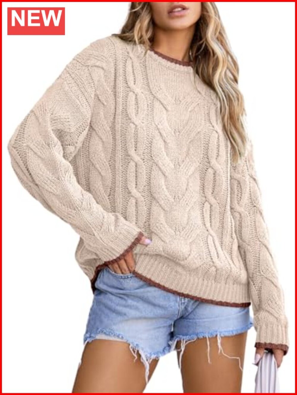 Womens Cable Knit Chunky Pullover Sweater Crewneck Long Sleeve